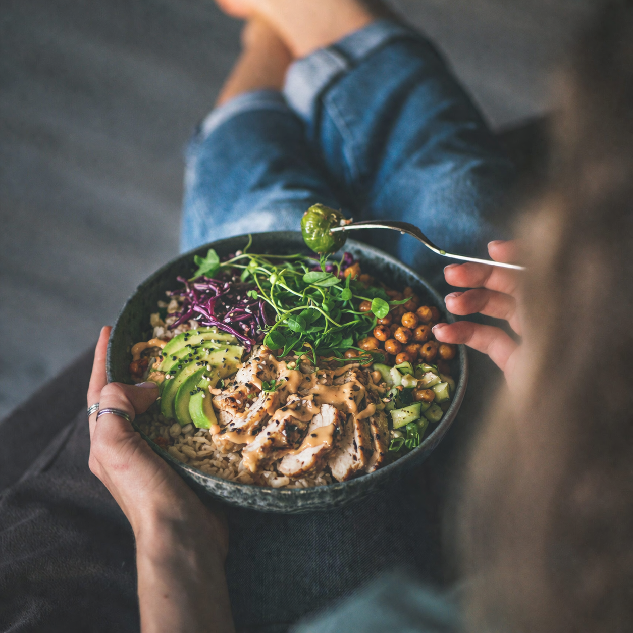 woman holding bowl of food